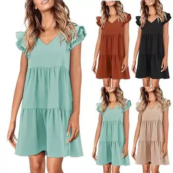 Женское летнее милое струящееся платье с v-образным вырезом и сложенными рукавами L чёрный