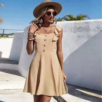 Женское летнее мини-платье А-силуэта с высокой талией и квадратным вырезом без рукавов и оборками XS миндальный