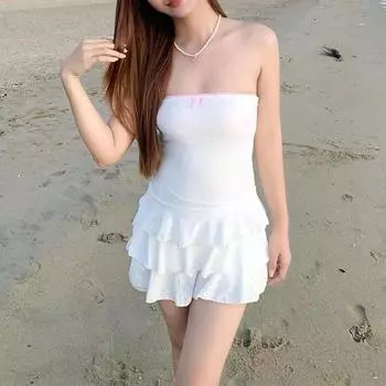 Женское летнее мини-платье-бандо без рукавов с открытыми плечами, однотонное/цветочное многоуровневое платье с оборками и подолом S розовый