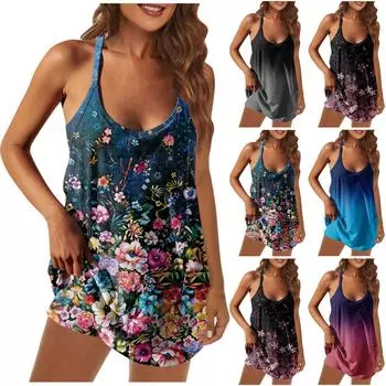 Женское летнее мини-платье без рукавов с принтом, спортивное короткое платье на бретельках с карманами, эластичные шорты, спортивный комплект XXL синий