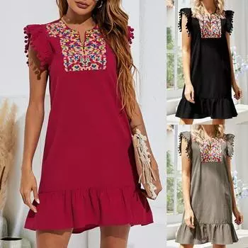 Женское летнее мини-платье больших размеров с V-образным вырезом, цветочной вышивкой, оборками и безрукавками XL чёрный