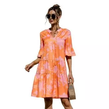 Женское летнее мини-платье с коротким рукавом и V-образным вырезом, плиссированное платье с принтом в стиле бохо, короткое платье-трапеция, пляжный многоярусный струящийся сарафан S