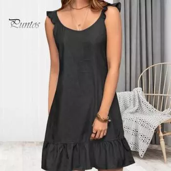 Женское летнее мини-платье с круглым вырезом без рукавов и рюшами по подолу, короткое платье, однотонное свободное пляжное праздничное платье S темно-синий