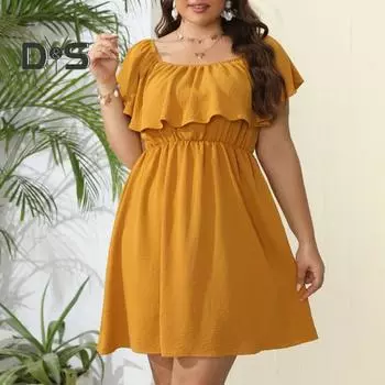 Женское летнее мини-платье с квадратным воротником и короткими рукавами с рюшами, эластичное платье с высокой талией, однотонное, свободное подол, платье больших размеров 4XL чёрный
