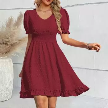 Женское летнее мини-платье с v-образным вырезом и короткими рукавами, свободный подол, однотонное, с узкой талией, с цветочным краем, лоскутное платье длиной выше колена M