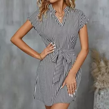 Женское летнее мини-платье с v-образным вырезом, без рукавов, на талии, с узкими завязками, короткое платье с принтом в вертикальную полоску, офисное платье для отпуска S синий