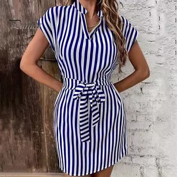 Женское летнее мини-платье с v-образным вырезом, без рукавов, на талии, с узкими завязками, короткое платье с принтом в вертикальную полоску, офисное платье для отпуска S синий