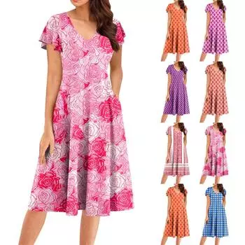 Женское летнее модное элегантное платье миди в стиле ретро с V-образным вырезом и оборками на рукавах L синий