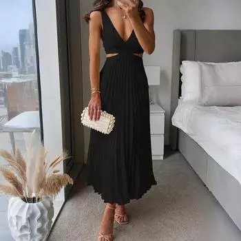 Женское летнее модное и элегантное платье с V-образным вырезом, без рукавов, с вырезами, с открытой спиной, однотонное, плиссированное L чёрный