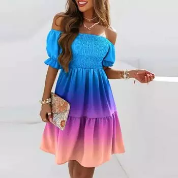 Женское летнее модное мини-платье с одним вырезом и короткими рукавами с градиентным принтом и рюшами S синий