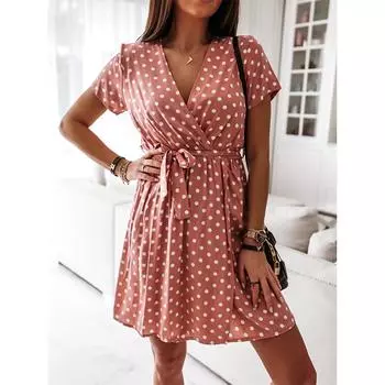 Женское летнее модное мини-платье с коротким рукавом и v-образным вырезом, женские платья в горошек с разрезом, Vestidos для женщин, пляжное праздничное платье в стиле бохо S розовый