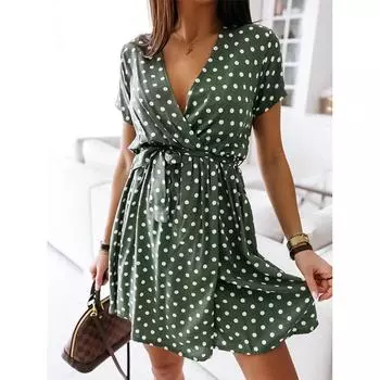Женское летнее модное мини-платье с коротким рукавом и v-образным вырезом, женские платья в горошек с разрезом, Vestidos для женщин, пляжное праздничное платье в стиле бохо S зелёный