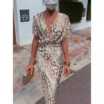 Женское летнее модное обтягивающее платье с принтом и сексуальным V-образным вырезом и средней талией S светло-зеленый