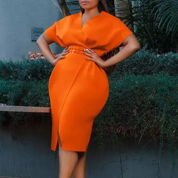 Женское летнее модное однотонное платье большого размера, женское сексуальное цельное платье с V-образным вырезом и разрезом с поясом S оранжевый