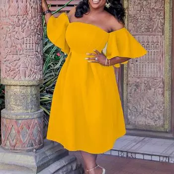 Женское летнее модное однотонное платье большого размера с открытыми плечами, женское сексуальное цельное вечернее платье S оранжевый