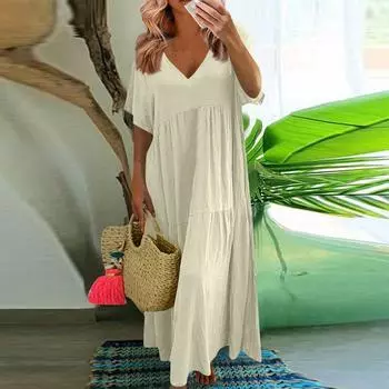 Женское летнее модное однотонное платье с v-образным вырезом большого размера, свободное длинное большое свободное платье с короткими рукавами XXXXXL бежевый