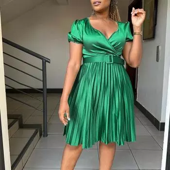 Женское летнее модное однотонное платье с короткими рукавами большого размера, женское сексуальное цельное плиссированное платье с v-образным вырезом и поясом S зелёный