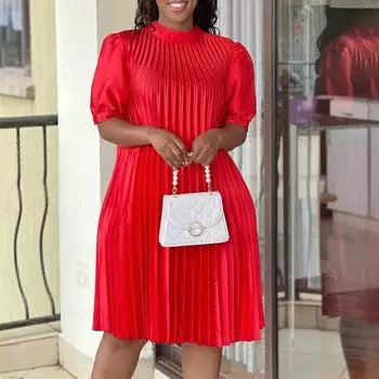 Женское летнее модное однотонное платье с короткими рукавами большого размера, женское свободное повседневное цельное плиссированное платье S сапфир синий