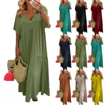 Женское летнее модное однотонное платье с v-образным вырезом большого размера, свободное длинное большое свободное платье с короткими рукавами S жёлтый