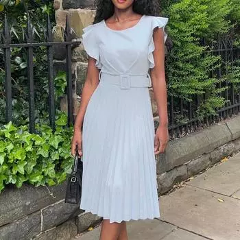 Женское летнее модное однотонное платье с рюшами и рукавами большого размера, цельное плиссированное платье с круглым воротником и поясом S белый