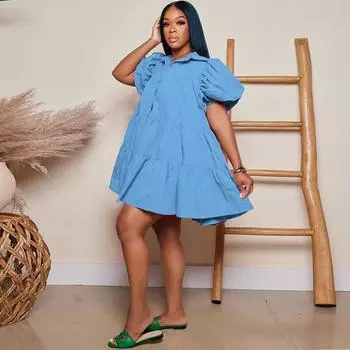 Женское летнее модное однотонное повседневное свободное платье с рукавами-фонариками и воротником-стойкой на пуговицах XXXL белый