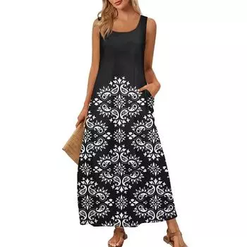 Женское летнее модное платье без рукавов с круглым вырезом для пляжа, винтажные платья с цветочным принтом L чёрный