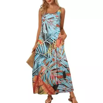 Женское летнее модное платье без рукавов с круглым вырезом для пляжа, платья с цветочным принтом S