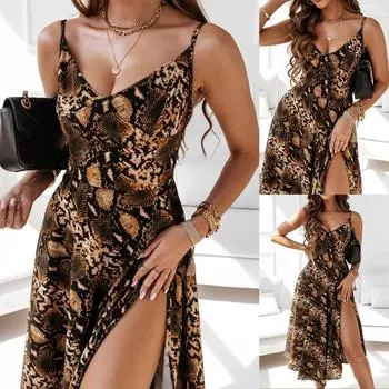 Женское летнее модное платье без рукавов с принтом на подтяжках L коричневый