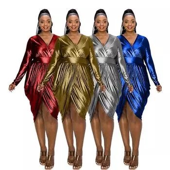 Женское летнее модное платье больших размеров с v-образным вырезом и длинными рукавами, цельное однотонное платье с нерегулярными сборками XL красный