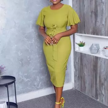 Женское летнее модное платье большого размера с пышными рукавами, цельное однотонное платье с круглым воротником и поясом S жёлтый