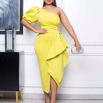 Женское летнее модное платье большого размера с оборками на одно плечо, женское сексуальное цельное однотонное платье с разрезом S белый