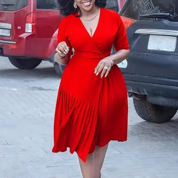 Женское летнее модное платье большого размера с v-образным вырезом и средними рукавами, женское элегантное цельное однотонное плиссированное платье для похудения на талии S сапфир синий