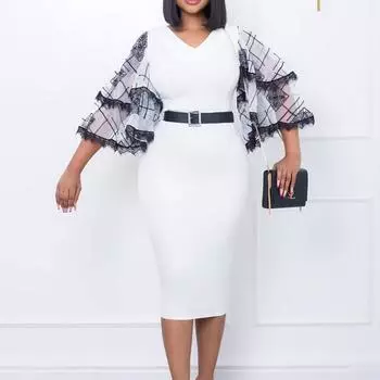Женское летнее модное платье большого размера с расклешенными рукавами, цельное платье-футляр с V-образным вырезом и поясом S белый