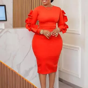 Женское летнее модное платье большого размера с длинными рукавами, элегантное цельное однотонное платье-футляр с круглым воротником S мандариновый