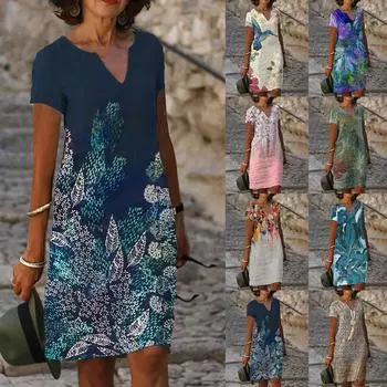 Женское летнее модное платье длиной до колена с v-образным вырезом и коротким рукавом с принтом 2022 XL бежевый