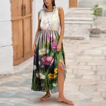 Женское летнее модное платье-майка А-силуэта без рукавов повседневное платье с цветочным принтом/однотонными карманами S
