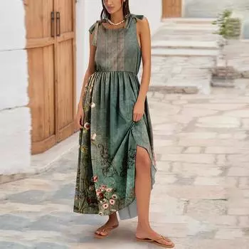 Женское летнее модное платье-майка А-силуэта без рукавов повседневное платье с цветочным принтом/однотонными карманами L