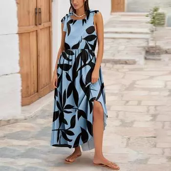 Женское летнее модное платье-майка А-силуэта без рукавов повседневное платье с цветочным принтом/однотонными карманами XL