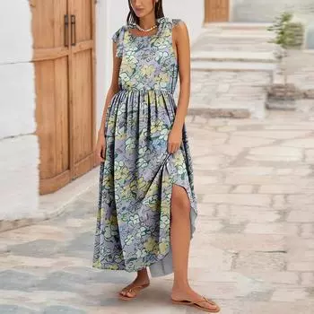 Женское летнее модное платье-майка А-силуэта без рукавов повседневное платье с цветочным принтом/однотонными карманами L фиолетовый