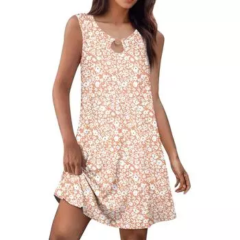 Женское летнее модное платье-майка А-силуэта без рукавов повседневное платье с цветочным принтом/однотонными карманами XXL розовый