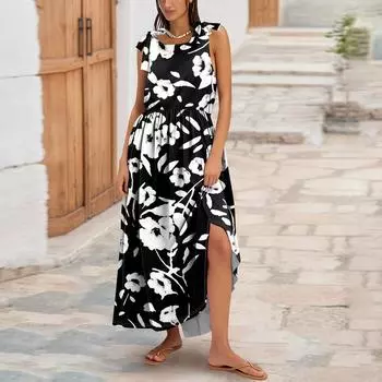 Женское летнее модное платье-майка А-силуэта без рукавов повседневное платье с цветочным принтом/однотонными карманами S белый