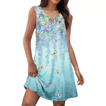 Женское летнее модное платье-майка А-силуэта без рукавов повседневное платье с цветочным принтом/однотонными карманами XL