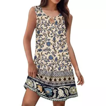 Женское летнее модное платье-майка А-силуэта без рукавов повседневное платье с цветочным принтом/однотонными карманами S синий