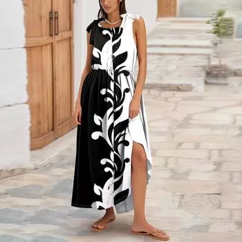 Женское летнее модное платье-майка А-силуэта без рукавов повседневное платье с цветочным принтом/однотонными карманами XXL белый