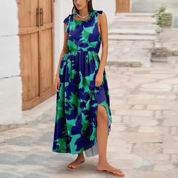 Женское летнее модное платье-майка А-силуэта без рукавов повседневное платье с цветочным принтом/однотонными карманами L