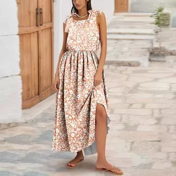 Женское летнее модное платье-майка А-силуэта без рукавов повседневное платье с цветочным принтом/однотонными карманами M розовый