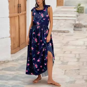 Женское летнее модное платье-майка А-силуэта без рукавов повседневное платье с цветочным принтом/однотонными карманами M
