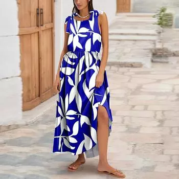 Женское летнее модное платье-майка А-силуэта без рукавов повседневное платье с цветочным принтом/однотонными карманами L