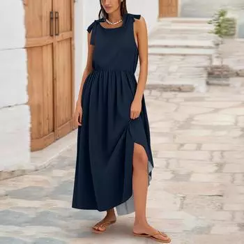 Женское летнее модное платье-майка А-силуэта без рукавов повседневное платье с цветочным принтом/однотонными карманами XXL тёмно-синий