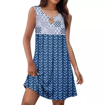 Женское летнее модное платье-майка А-силуэта без рукавов повседневное платье с цветочным принтом/однотонными карманами XL